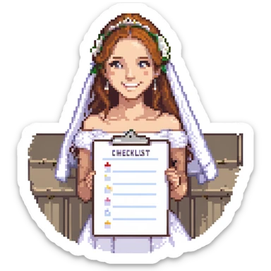 bride holding a wedding checklist, smiling sticker