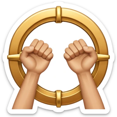 A golden wheel above two fists, palms facing each other  sticker