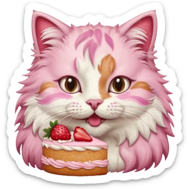 Close-up portrait of a fluffy cat eating a strawberry cake, pink cream on its nose and whiskers, detailed fur texture, soft natural light, shallow depth of field, high resolution, cute and candid moment
, sticker