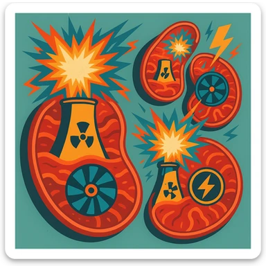 stylized mitochondria as nuclear power plants, visible energy explosions, turbines and energy symbols, updated DALL·E 3 style, vivid colors, only energetic elements, neutral background sticker