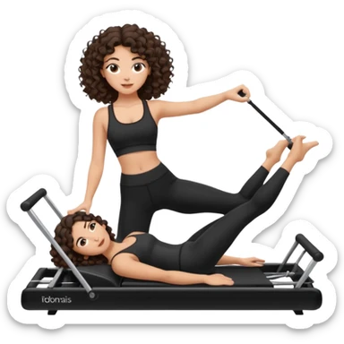 brunette,curly hair shoulder lenght,turkish,beautiful,with some eyelined eyes, 3b girl doing reformer pilates with black pilates cutesy set,on reformer machine,making different moves. sticker