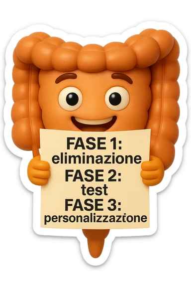 emoji stile iphone 3d di un intestino che tiene in mano un foglio con la scritta "FASE 1: eliminazione, FASE 2: test, FASE 3: personalizzazione, IPERREALISTICO 4K sticker