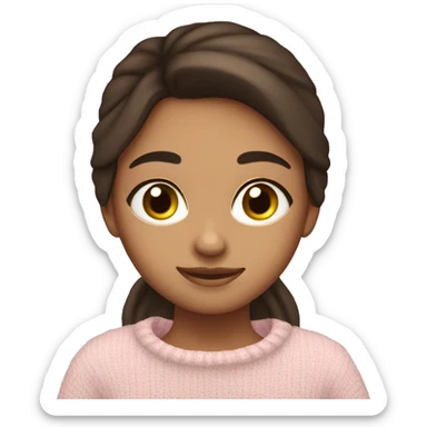 Pretty brown eyed brunette girl with light pink sweater reading cozy sticker