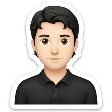 Caucasian man with black wavy hair wearing a black polo shirt sticker