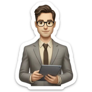 Pale skinned fit man with dark brown hair in gray jacket, beige office shirt, brown tie, brown pants and vintage glasses Writing on the tablet sticker