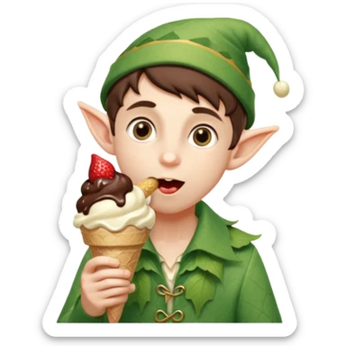 
A young elf boy in leafy clothes licking a triple-scoop ice cream with wide eyes.


A playful forest elf sitting on a log, balancing a huge ice cream tower in one hand.




 sticker