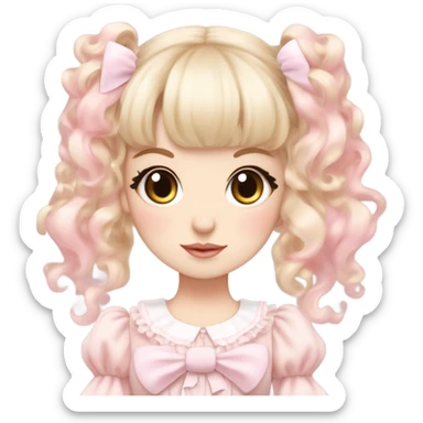 pale girl , who has curly medium length blonde and baby pink swirled hair with bangs , grey eyes , and doll like makeup , in a light pink lolita hime gyaru dress  sticker