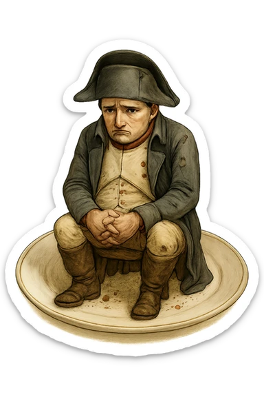 Сгенерируй мне такую же тарелку, только чтобы на ней сидел наполеон бонапарт, грустный, в чуть чуть рваной одежде. ТОРТ УБЕРИ ПОЛНОСТЬЮ. На прозрачной фоне. Наполеон должен быть в цвете sticker