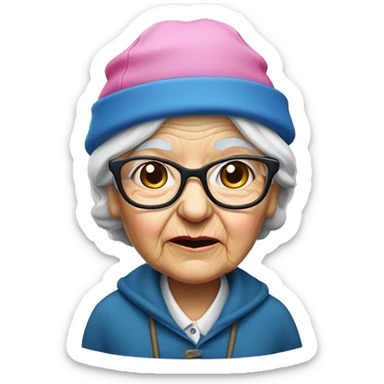 old lady hunched with a pink beanie and a blue coat, a cane and thin rectangular glasses, with a missing tooth sticker