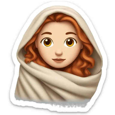 A white girl with brown hair wrapped in a blanket with a red cat sticker