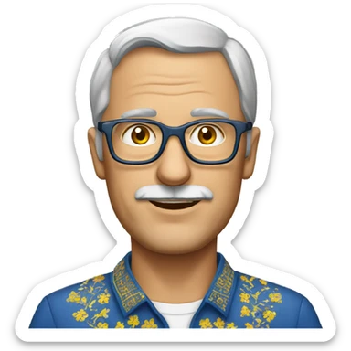 a middle-aged European man wearing a Ukrainian embroidered shirt and glasses sticker