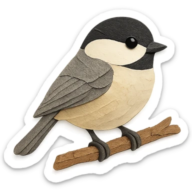 close-up of a chickadee perched on a tree branch, fine paper edges, subtle gray and buff markings sticker