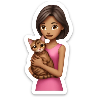 Beautiful skinny woman long dark brown hair in pink dress hug bengal cat sticker