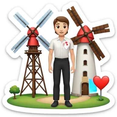 a white man with brown hair and a white shirt and black pants standing next to a windmill with a heart  sticker