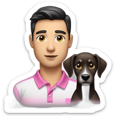 young handsome man with straight short dark hair and dark eyes with large eyelashes and plump pink lips protruding cheekbones in a sports polo shirt with a dog sticker