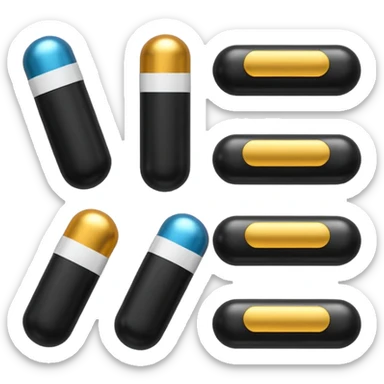 Minimalistic futuristic black medicine pills pack emoji, metallic black and white, reflective sleek surfaces, flat vector design, high-tech clean UI icon sticker