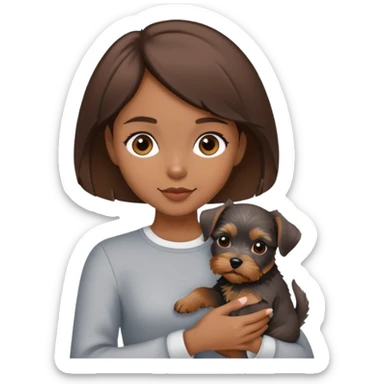 A pretty girl with brown short hair (length just above the shoulders and below the ears) is holding a miniature schnauzer puppy. sticker