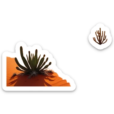 Cinematic Realistic Desert Emoji, Expansive and arid, with vast stretches of golden sand dunes and scattered cacti, the sun casting a warm, almost orange glow over the dry, cracked earth. The horizon blurs into a heat shimmer, while the occasional desert flower adds a splash of color to the barren landscape. Soft glowing outline, capturing the essence of the harsh yet stunning beauty of the desert, calm and quiet, filled with silence and mystery. sticker