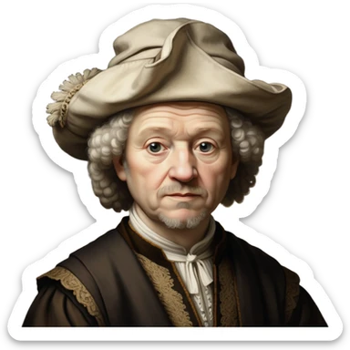 cinematic-portrait-of-rembrandt,-shown-as-a-master-artist-with-deep,-introspective-eyes-and-richly-detailed-period-clothing,-rendered-with-dramatic-chiaroscuro-lighting-that-emphasizes-his-legacy sticker