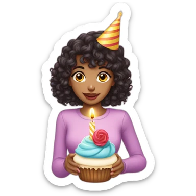 light-skinned girl with dark curly hair and bangs in a birthday cap with a cupcake with a candle sticker