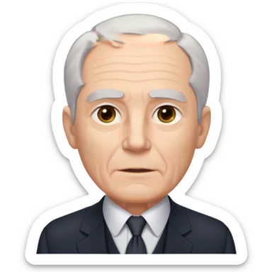 Elderly white man. Pale skin. Gray or white hair neatly combed back. Clean-shaven face with wrinkles around the eyes and mouth. Calm, steady eyes. Wears a collared shirt, tie, vest, and dark suit jacket visible from the chest up. sticker