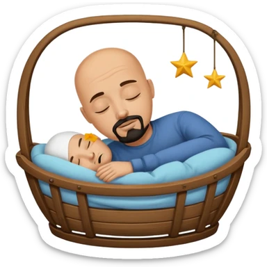 a bald, tan man who has a black goatee sleeping in a cradle sticker