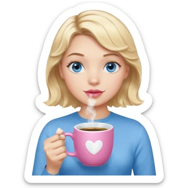Girl Blonde short wavy hair,  blue eyes, cute blue top, long lashes, pink lips, holding hot white coffee mug sticker