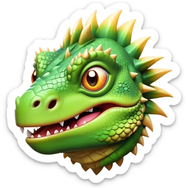 Cinematic Comical Iguana Portrait Emoji, Head tilted dramatically with an exaggeratedly shocked expression, featuring a robust, textured body with a quirky, spiky crest and wide, comically expressive eyes full of playful disbelief, Simplified yet hilariously expressive features, highly detailed, glowing with a slightly sassy jungle glow, high shine, dramatic yet playful, stylized with an air of quirky reptilian mischief, soft glowing outline, capturing the essence of a meme-worthy iguana that looks ready to side-eye its way into viral fame! sticker