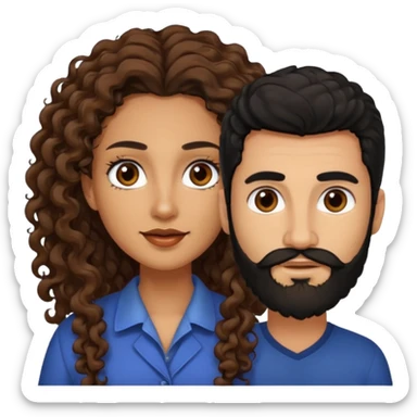 pareja de Mujer morena rizada cabello largo castaño ojos oscuros y hombre piel clara cabello negro con barba  y ojos marron sticker