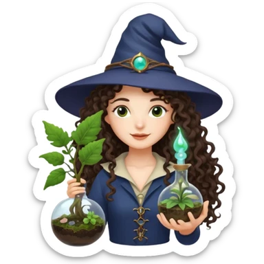 A long curly haired brunette girl with a moon witch hat, and a plant wand or plant potion terrarium sticker