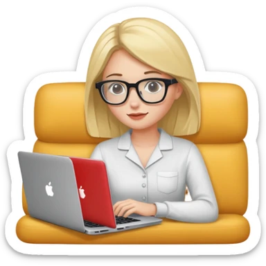 A girl is working with a laptop while lying horizontal on the sofa sticker
