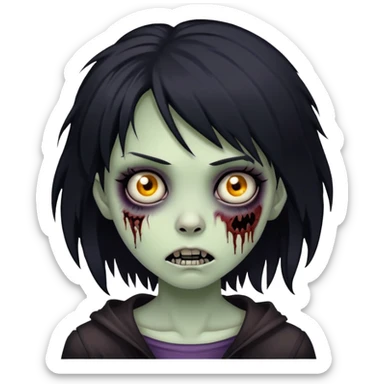 girl zombie with black medium-long shaggy emo hair, dark and spooky, creepy expression sticker