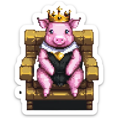 minimal abstract pixel art pig with a golden crown sitting on a throne, blocky and square like Minecraft, very few pixels sticker