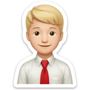 A Soviet schoolboy emoji — smiling young boy wearing a white shirt and a bright red pioneer necktie (scarf) neatly tied around his neck. No hat or headwear. Flat minimal emoji style with clean lines, simple colors, friendly expression, Apple emoji aesthetic. sticker