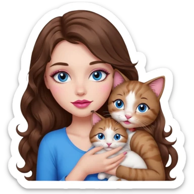 girl with long wavy brown hair, blue eyes, long lashes makeup, sexy pink lips, cuddling with 6 cats sticker