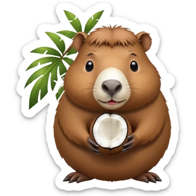 A cute capybara with a round coconut-shaped body, brown and hairy like a coconut sticker