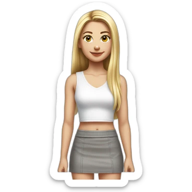 hyperrealist caucasian girl, long straight blonde hair, white v-neck laced crop tanktop, grey tight micro skirt sticker