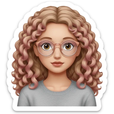aesthetic white girl with dark blonde, long curly hair and black eyes  , light grey sweater top and rose gold glasses sticker