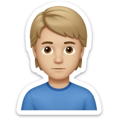 boy with dark blonde hair in a mullet with a neat blue shirt sticker