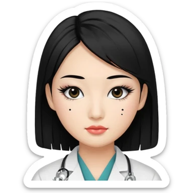 Medical student, black hair, black eyes, false eyelashes, makeup, eyeliner, Asian sticker