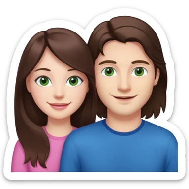 pink polaroid photo of a couple thats white with long brunette hair blue eyes and a white guy with brunette hair and green eyes sticker