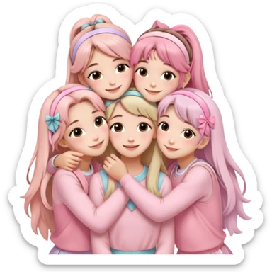 Four girls hugging each other, all wearing soft pink clothes, two with long hair and two with shoulder-length short hair, smiling, with hair accessories like headbands or ribbons, pastel color palette, soft shading, make someone pose with two fingers and someone kisses his cheek sticker