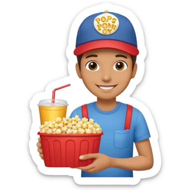 A smiling vendor carrying a tray of popcorn and drinks. sticker