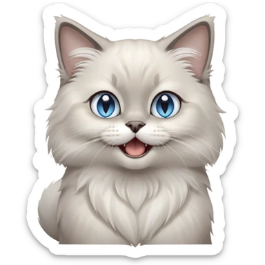 Cinematic Adorable Fluffy Light Grey Mantle Ragdoll Cat Portrait Emoji, Head tilted cutely with big, sparkling blue eyes, soft light grey fur with darker points on the ears, face, and paws, Simplified yet irresistibly adorable features, highly detailed, glowing with a soft, warm glow, high shine, yawning in a peaceful and playful manner, stylized with a touch of whimsy, bright and endearing, soft glowing outline, capturing the essence of a relaxed and loving kitten, so cute it feels like it could leap out of the screen and stretch into a cozy nap! sticker
