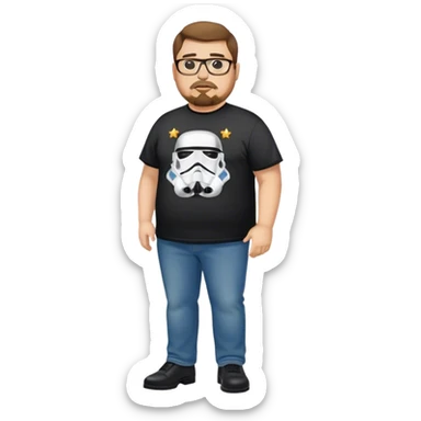overweight Caucasian man, brown hair, goatee, glasses wearing a star wars t-shirt, jeans and black dress shoes.  sticker