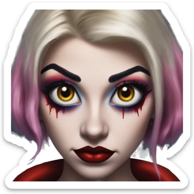 Marvel superhero in Harley Quinn style, oil paint, mysterious eyes, intricate lips, masterpiece portrait, odd perspective, beautiful, desirable, logical sticker