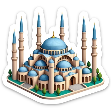 Isometric illustration of Istanbul, featuring Hagia Sophia with its large central dome and four tall minarets, paint photorealistic style sticker
