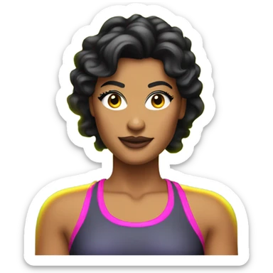Tanned woman with black hair dressed in 1980s fitness hair, makeup, and neon attire  sticker