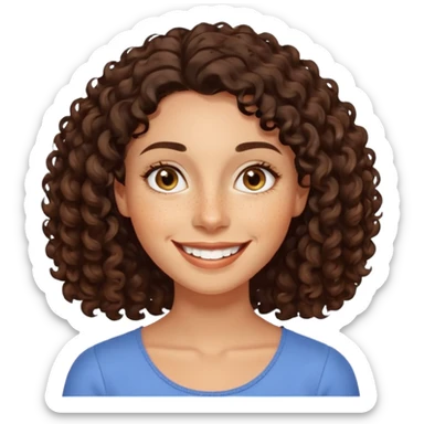 realistic emoji of a woman with dark curly shoulder-length hair, smiling broadly with visible teeth, expressive almond-shaped eyes, freckles, smooth glowing skin, friendly calm demeanor sticker