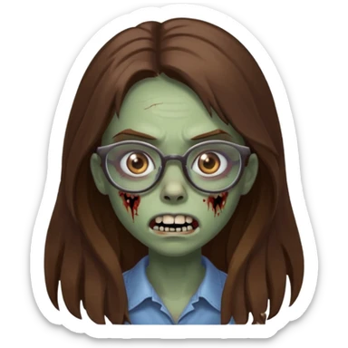Girl zombie with brown long hair with teeth and serious face IOS style with glasses sticker